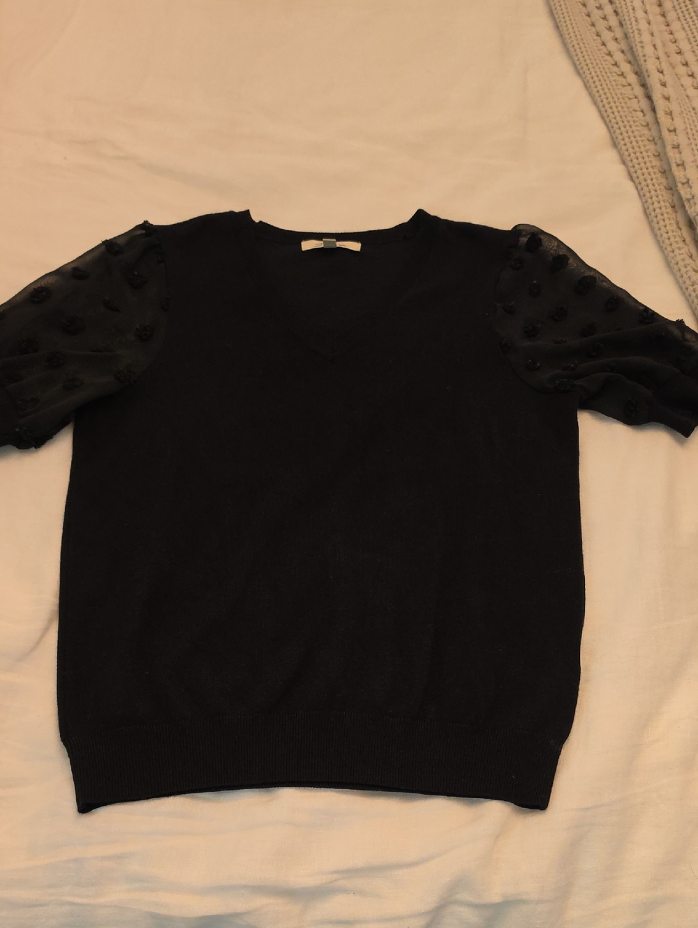 Black V-Neck Sweater with Sheer Puff Dot Sleeves